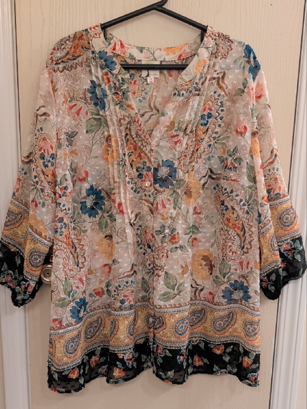 Fig & Flower Boho Border Print Button Down Top 3X Sheer Pleated Floral Paisley - Picture 2 of 11